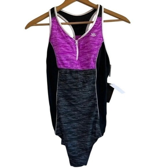 Zeroxposur swimsuit one piece women's size large NWT Purple black white gray - Picture 1 of 9